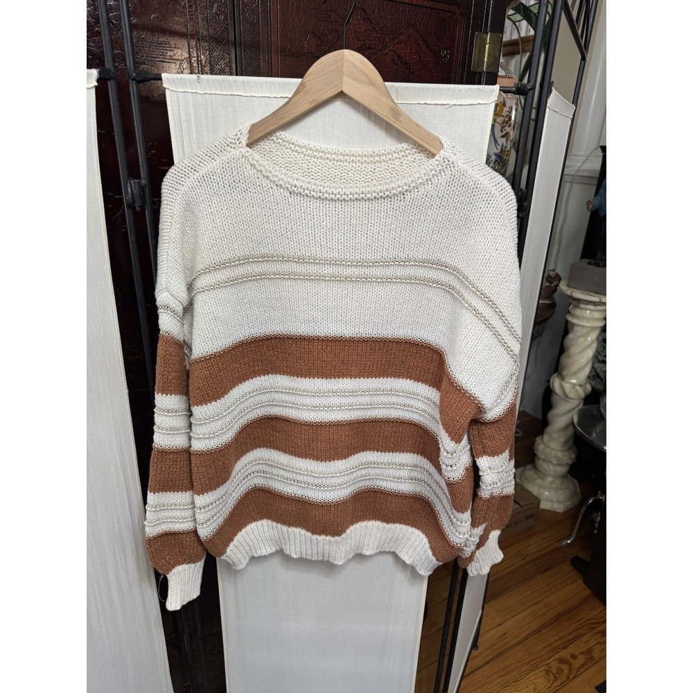 Women's L Oversized Knit Sweater Cream Rust Striped Metallic Accent Boho